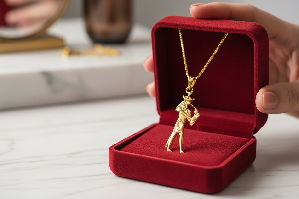 Gold Thoth Pendant Necklace, Egyptian Revival Talisman