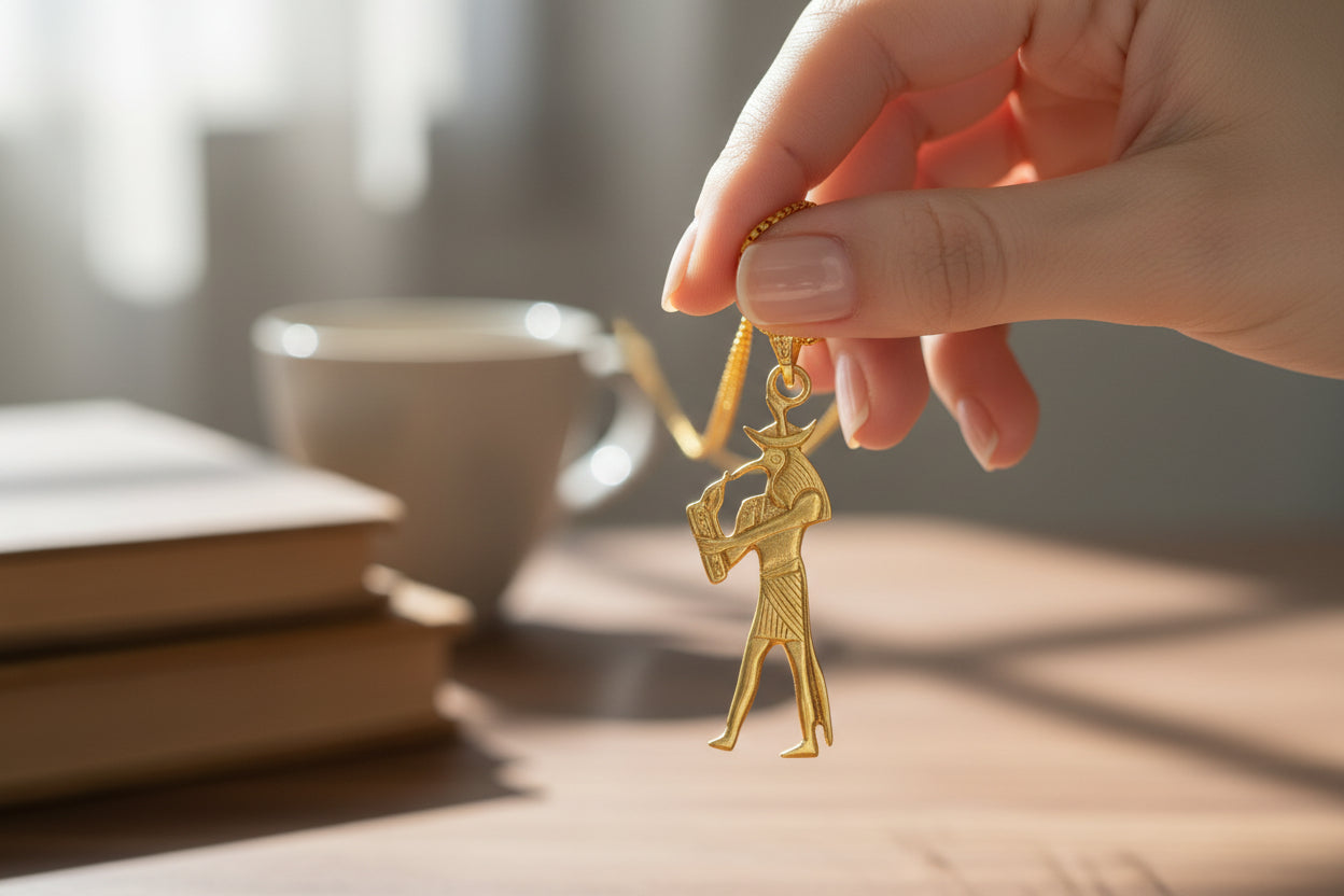 Gold Thoth Pendant Necklace, Egyptian Revival Talisman