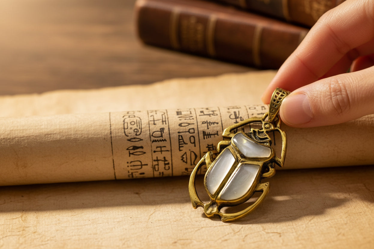 Gold Scarab Pendant Necklace, Mother of Pearl Egyptian Revival Jewelry