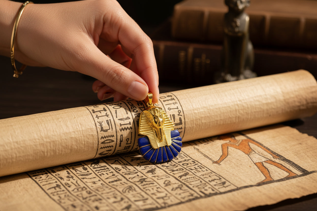Gold King Tut Lapis Lazuli Pendant, Egyptian Pharaoh Mask Necklace