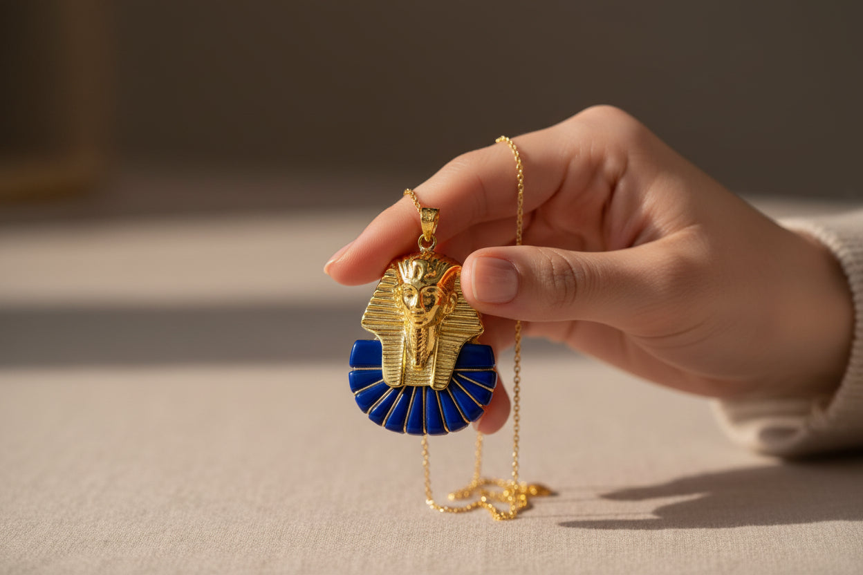Gold King Tut Lapis Lazuli Pendant, Egyptian Pharaoh Mask Necklace