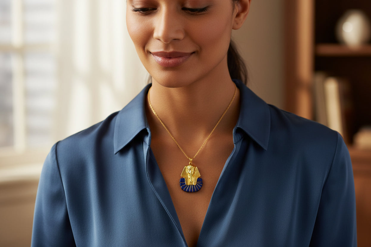 Gold King Tut Lapis Lazuli Pendant, Egyptian Pharaoh Mask Necklace