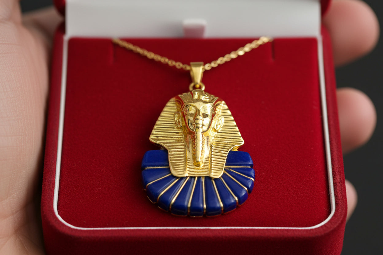 Gold King Tut Lapis Lazuli Pendant, Egyptian Pharaoh Mask Necklace