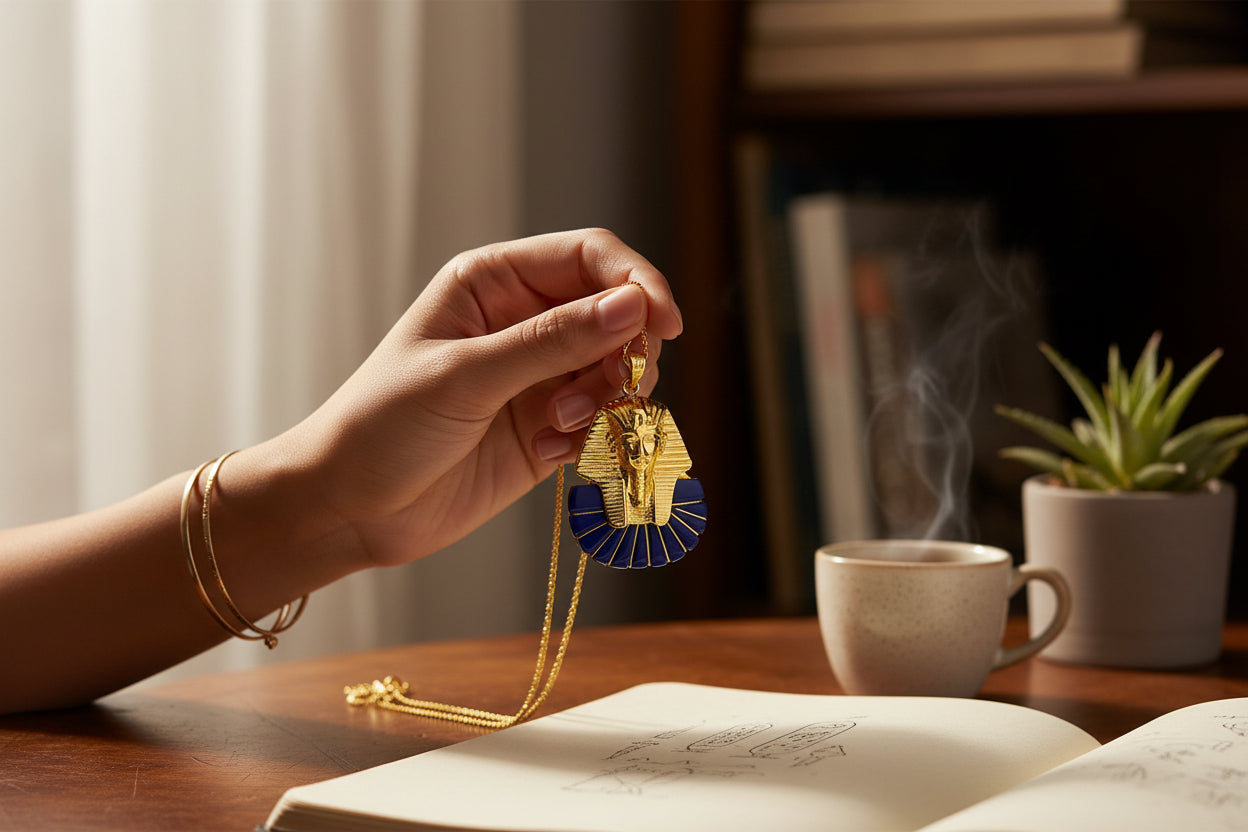 Gold King Tut Lapis Lazuli Pendant, Egyptian Pharaoh Mask Necklace