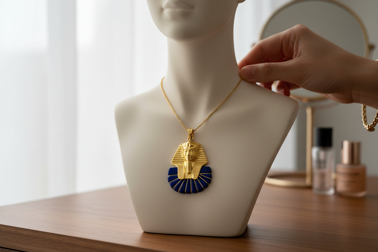 Gold King Tut Lapis Lazuli Pendant, Egyptian Pharaoh Mask Necklace
