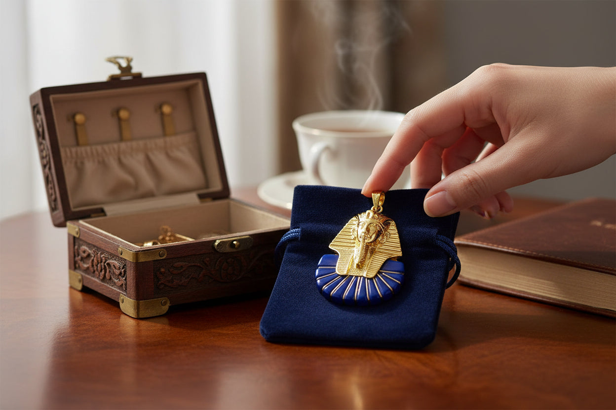 Gold King Tut Lapis Lazuli Pendant, Egyptian Pharaoh Mask Necklace