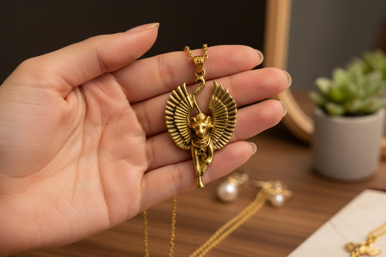 Gold Winged Bastet Cat Pendant Necklace, Egyptian Revival Talisman