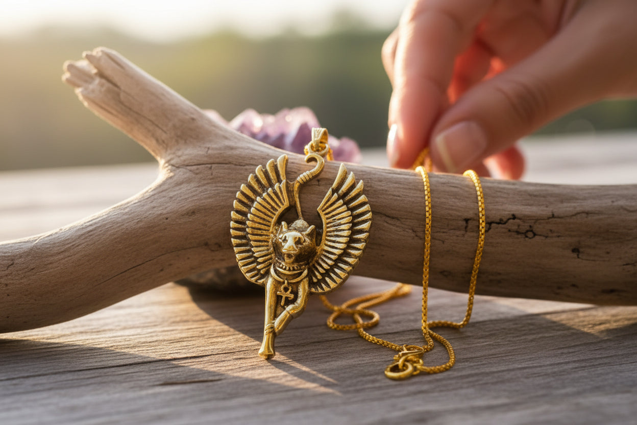 Gold Winged Bastet Cat Pendant Necklace, Egyptian Revival Talisman