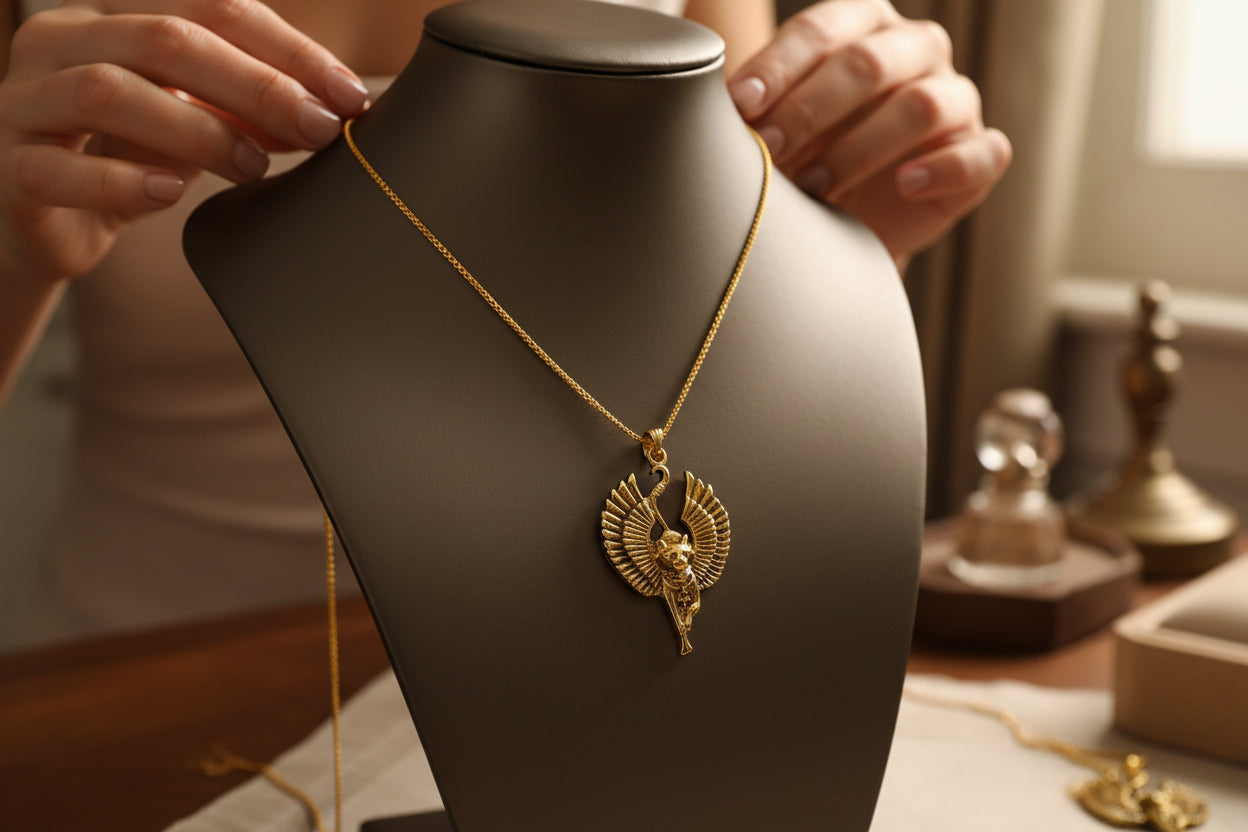 Gold Winged Bastet Cat Pendant Necklace, Egyptian Revival Talisman