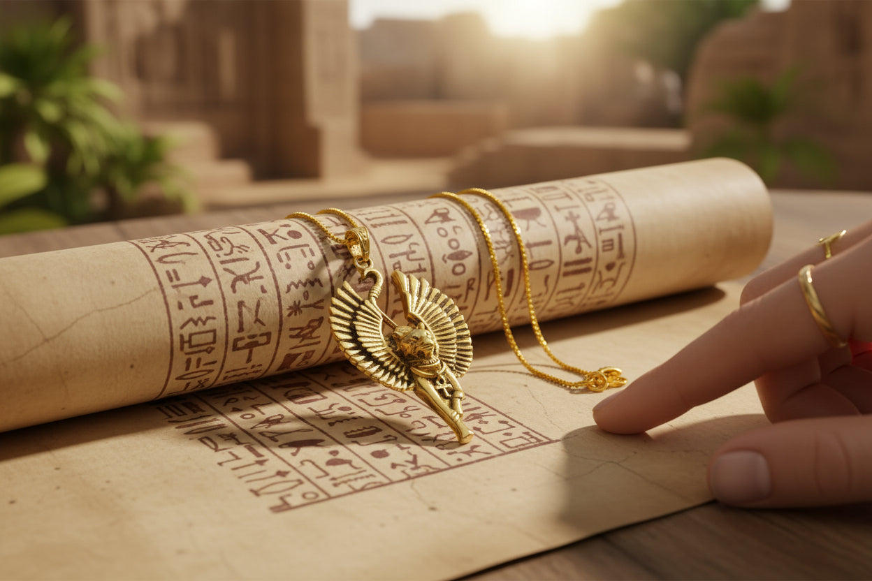Gold Winged Bastet Cat Pendant Necklace, Egyptian Revival Talisman