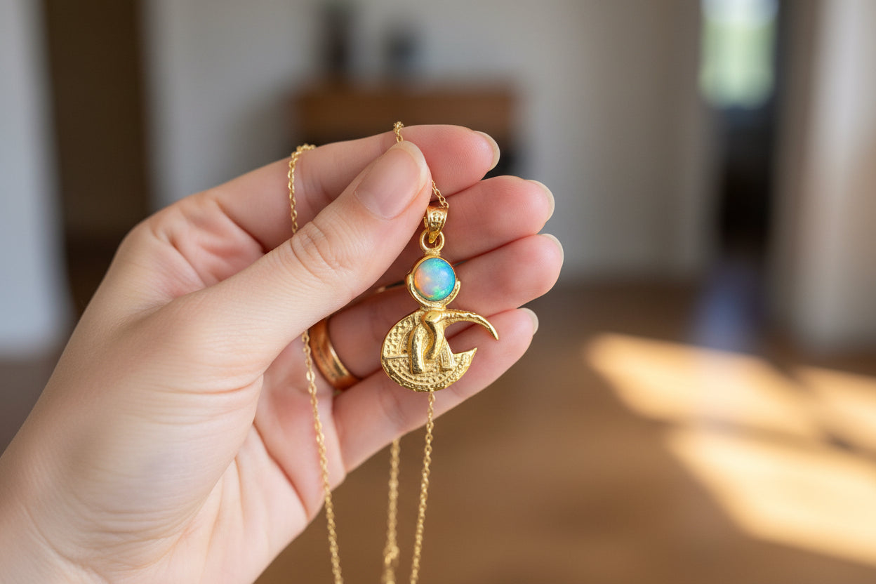 Gold God Thoth Opal Pendant Necklace, Egyptian Revival Talisman