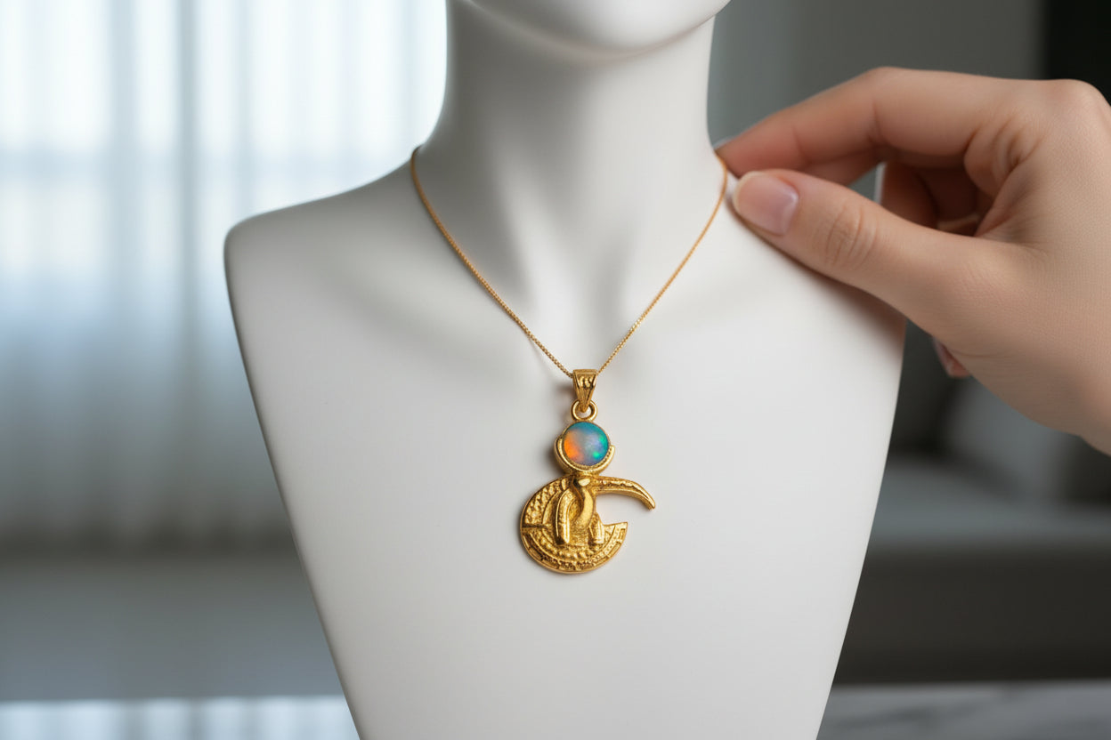 Gold God Thoth Opal Pendant Necklace, Egyptian Revival Talisman