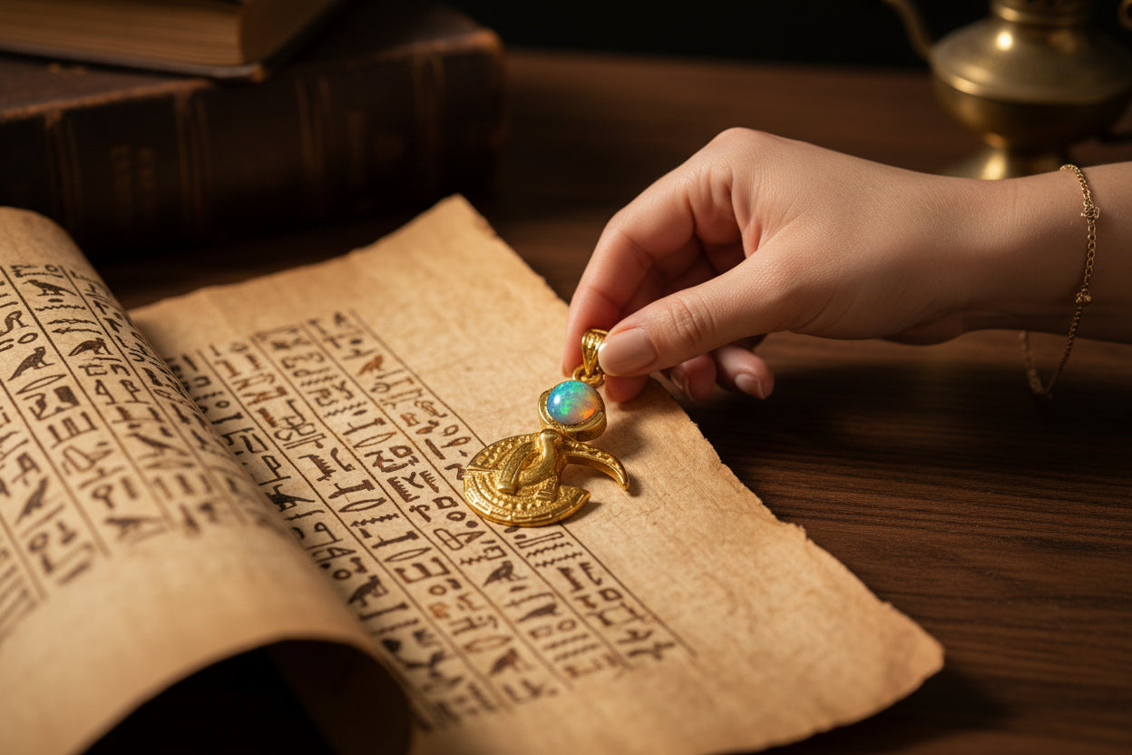 Gold God Thoth Opal Pendant Necklace, Egyptian Revival Talisman