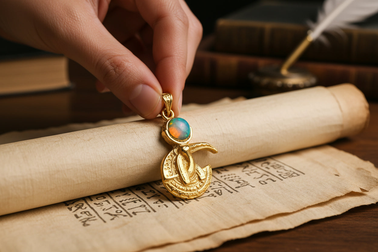 Gold God Thoth Opal Pendant Necklace, Egyptian Revival Talisman