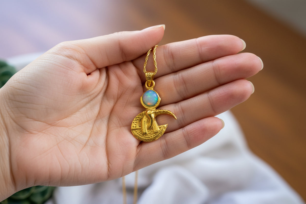 Gold God Thoth Opal Pendant Necklace, Egyptian Revival Talisman