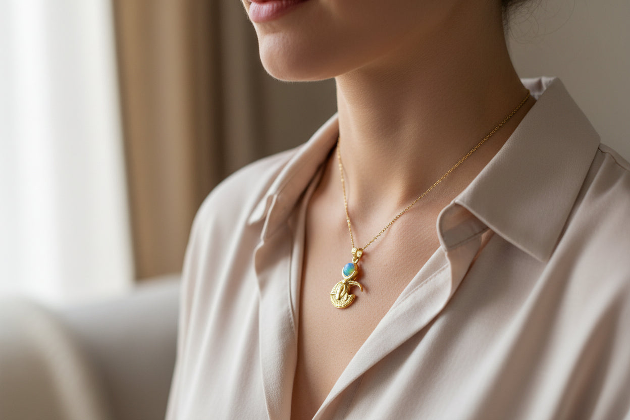 Gold God Thoth Opal Pendant Necklace, Egyptian Revival Talisman
