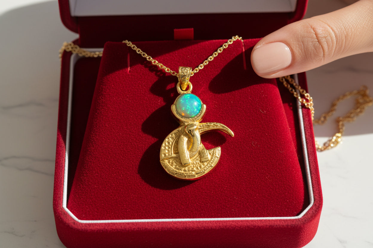 Gold God Thoth Opal Pendant Necklace, Egyptian Revival Talisman