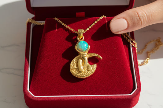 Gold God Thoth Opal Pendant Necklace, Egyptian Revival Talisman