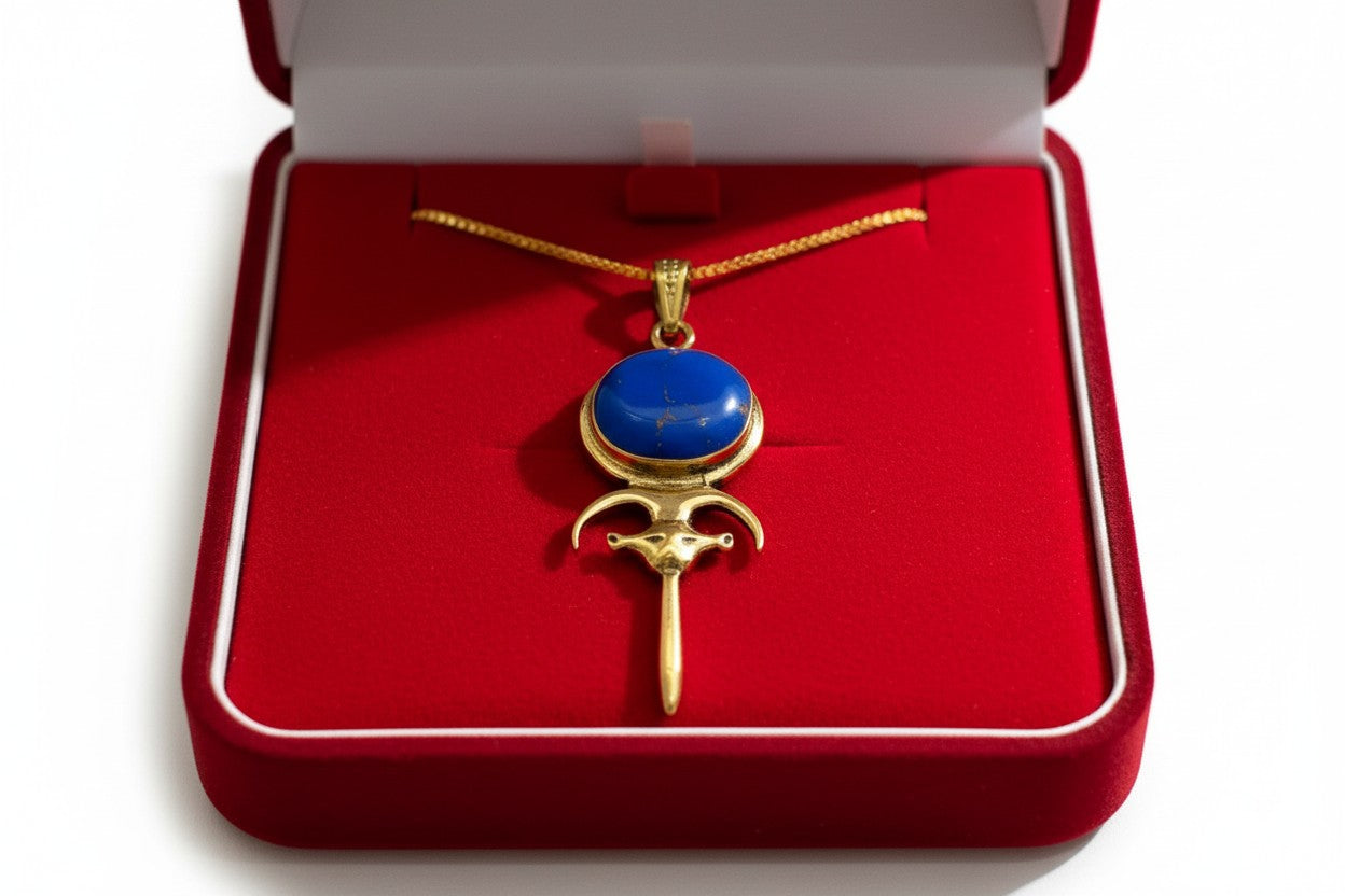 Gold Hathor Mirror Necklace, Lapis Lazuli Pendant, Ancient Egyptian Jewelry, Goddess Talisman