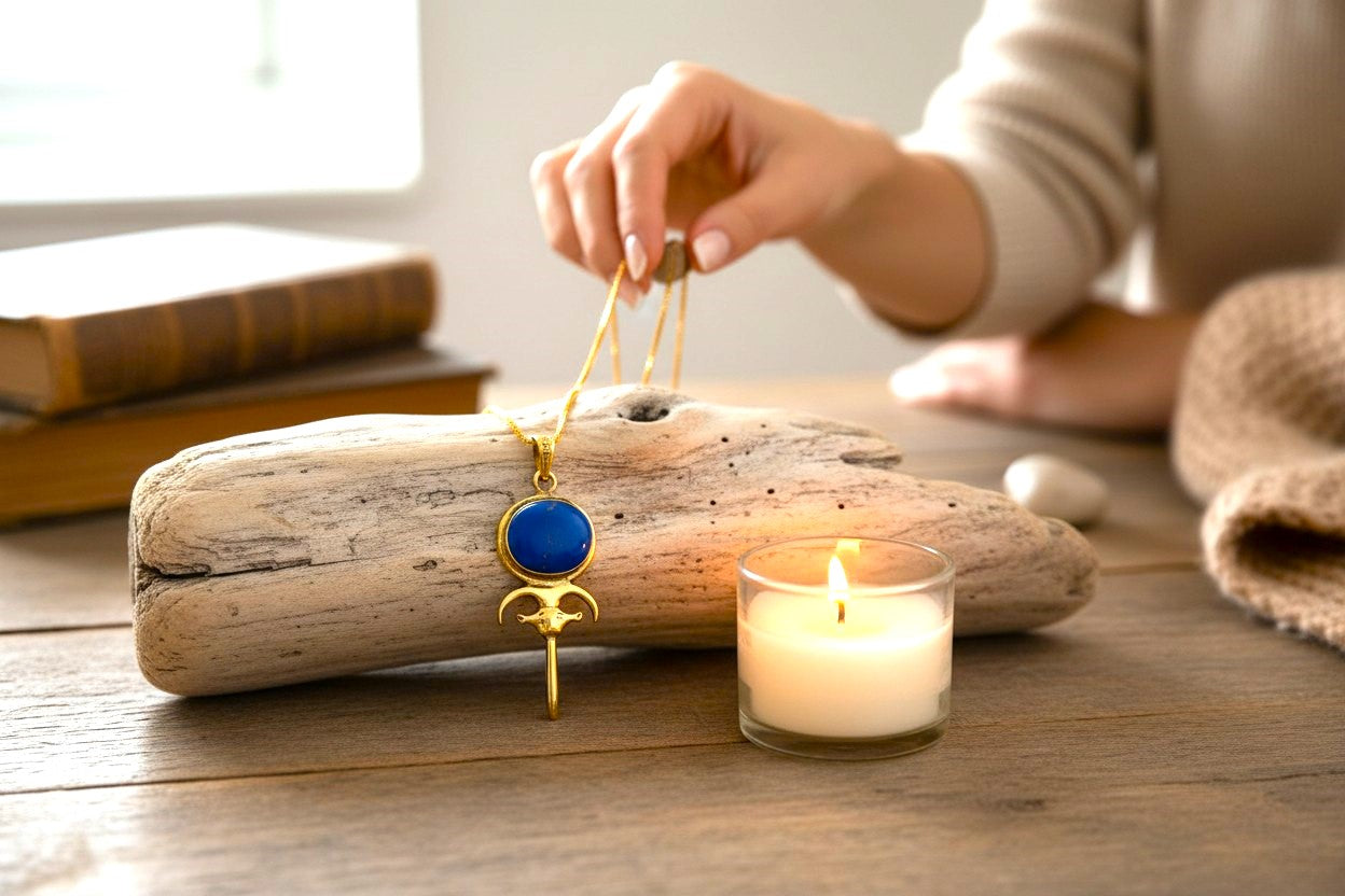 Gold Hathor Mirror Necklace, Lapis Lazuli Pendant, Ancient Egyptian Jewelry, Goddess Talisman