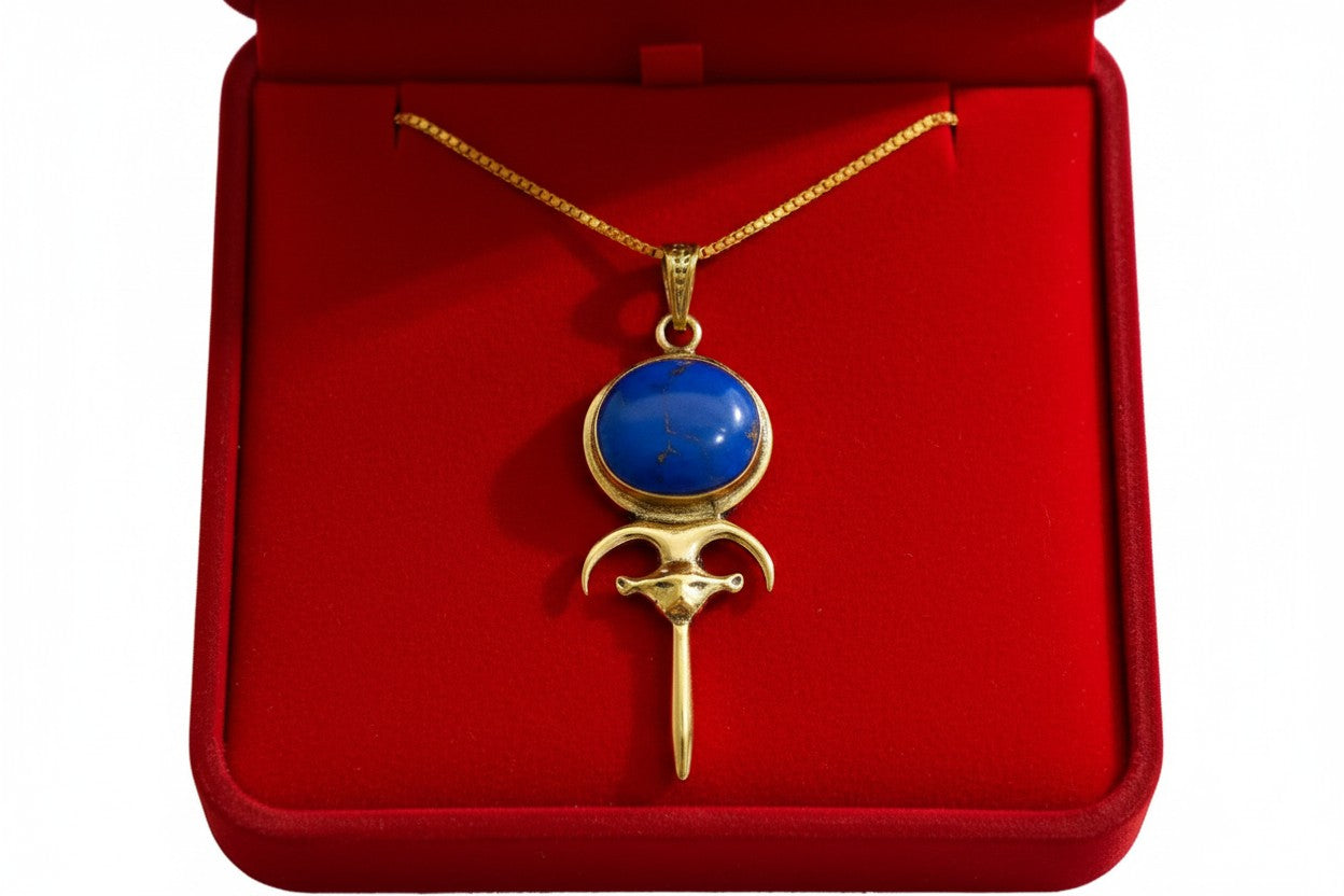 Gold Hathor Mirror Necklace, Lapis Lazuli Pendant, Ancient Egyptian Jewelry, Goddess Talisman
