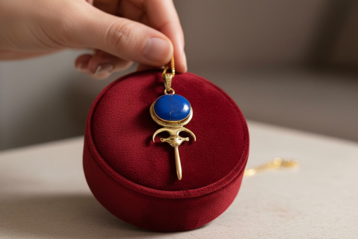 Gold Hathor Mirror Necklace, Lapis Lazuli Pendant, Ancient Egyptian Jewelry, Goddess Talisman