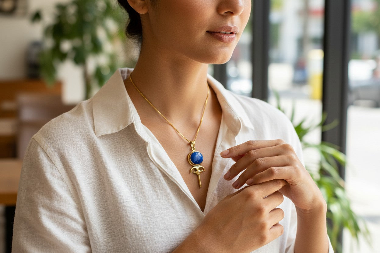Gold Hathor Mirror Necklace, Lapis Lazuli Pendant, Ancient Egyptian Jewelry, Goddess Talisman