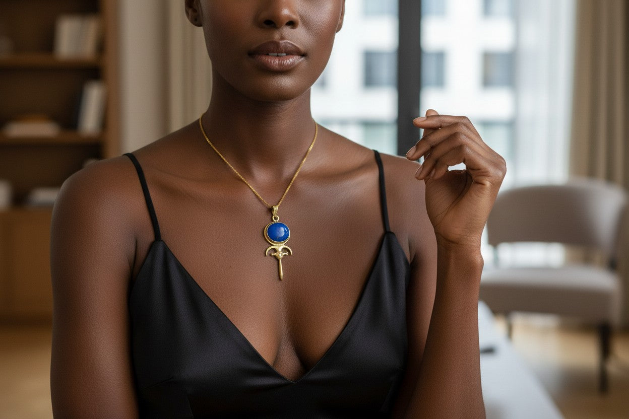 Gold Hathor Mirror Necklace, Lapis Lazuli Pendant, Ancient Egyptian Jewelry, Goddess Talisman