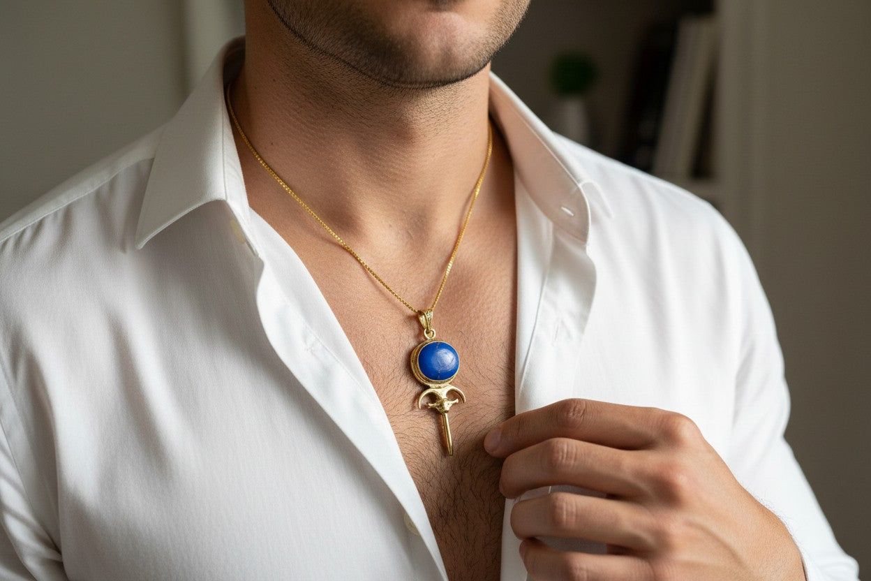 Gold Hathor Mirror Necklace, Lapis Lazuli Pendant, Ancient Egyptian Jewelry, Goddess Talisman