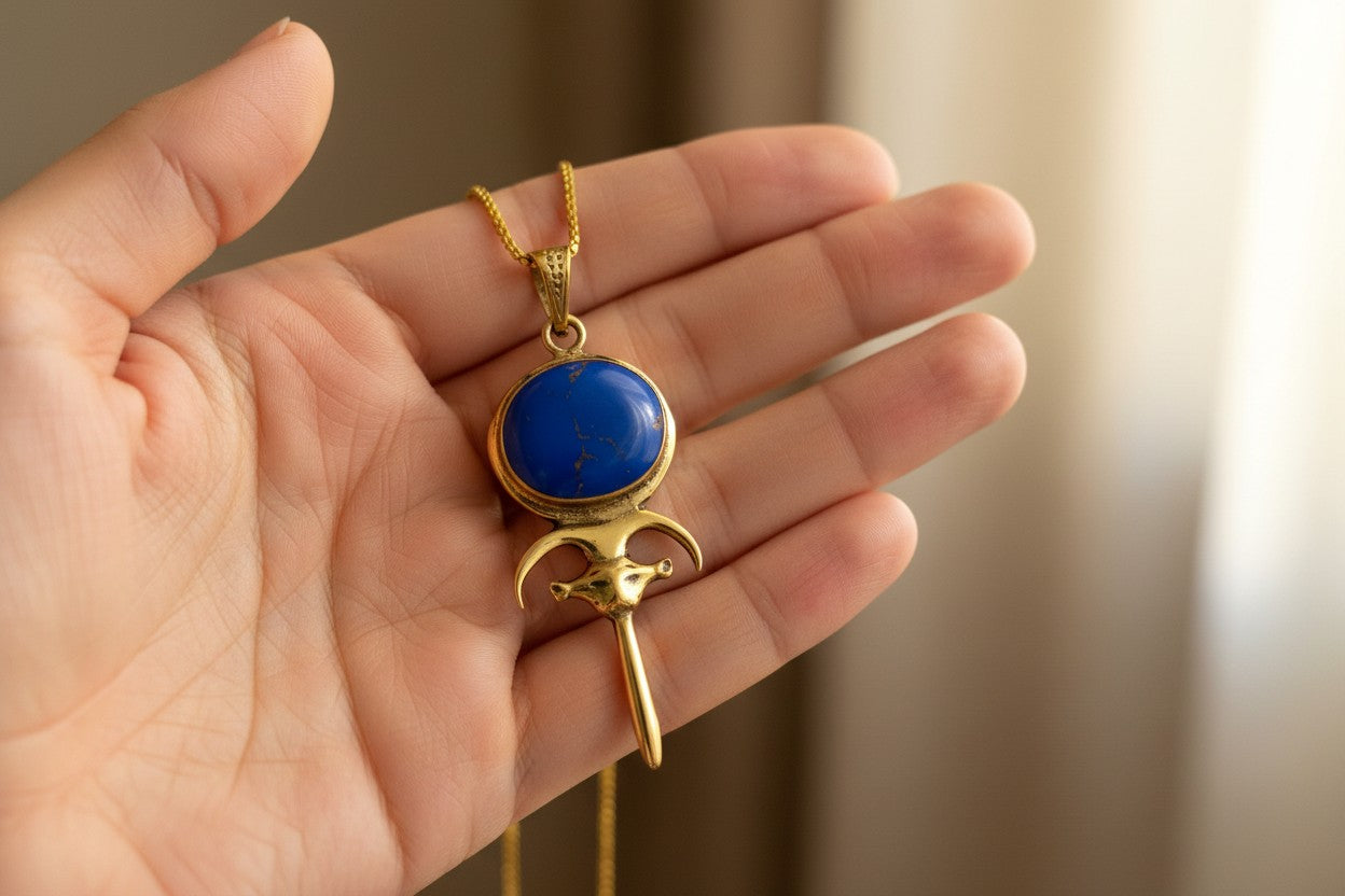 Gold Hathor Mirror Necklace, Lapis Lazuli Pendant, Ancient Egyptian Jewelry, Goddess Talisman