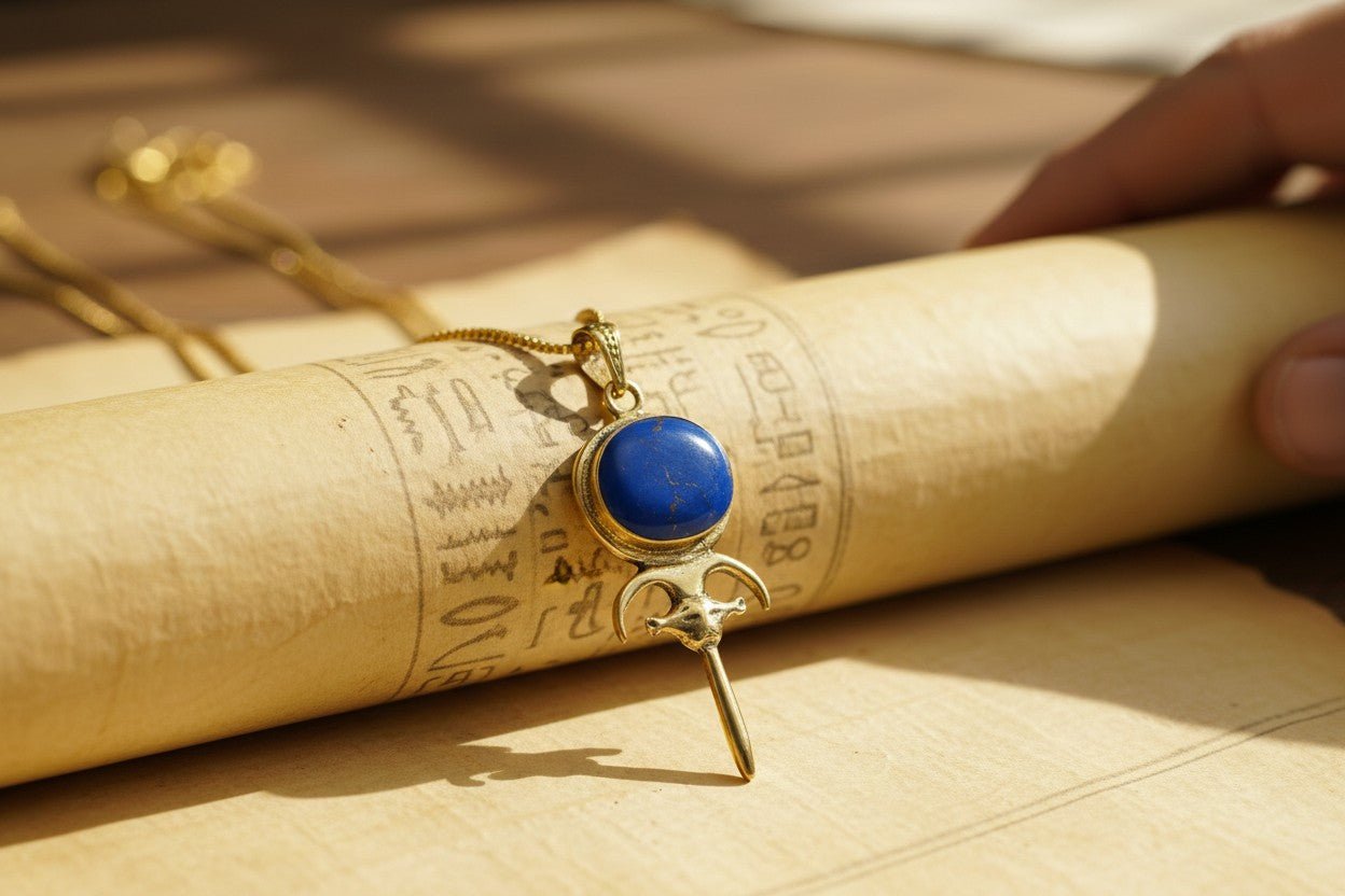 Gold Hathor Mirror Necklace, Lapis Lazuli Pendant, Ancient Egyptian Jewelry, Goddess Talisman