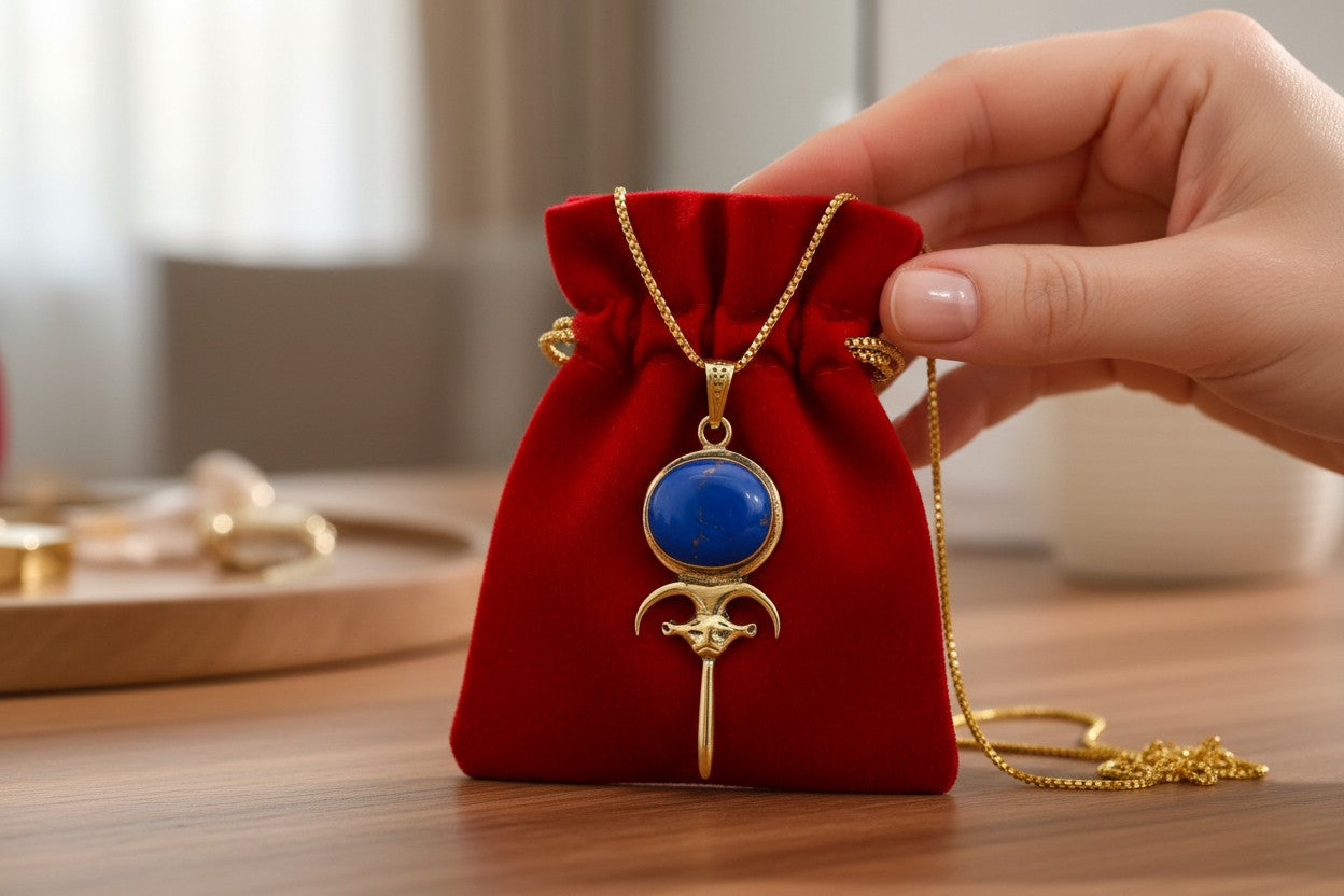 Gold Hathor Mirror Necklace, Lapis Lazuli Pendant, Ancient Egyptian Jewelry, Goddess Talisman