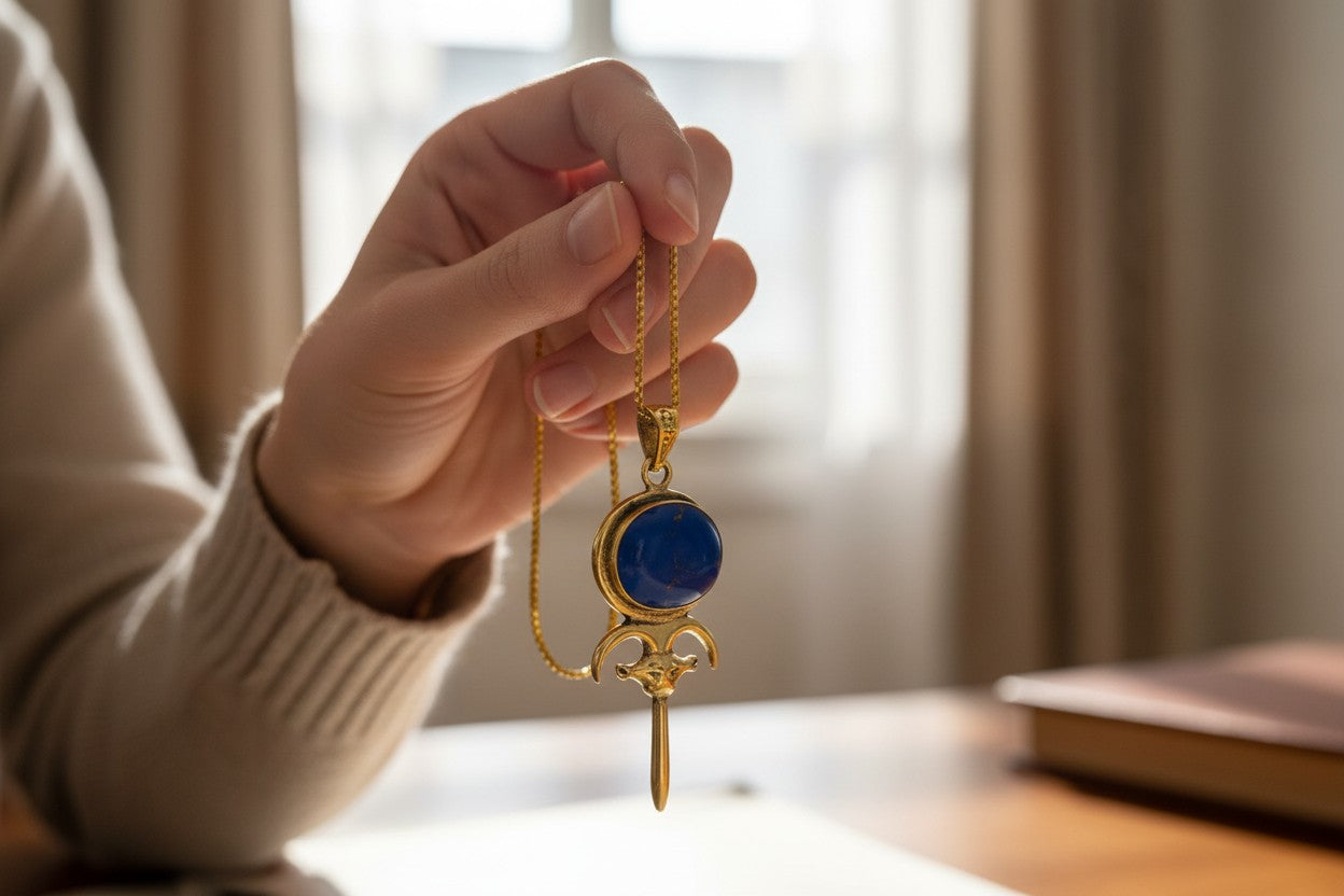 Gold Hathor Mirror Necklace, Lapis Lazuli Pendant, Ancient Egyptian Jewelry, Goddess Talisman