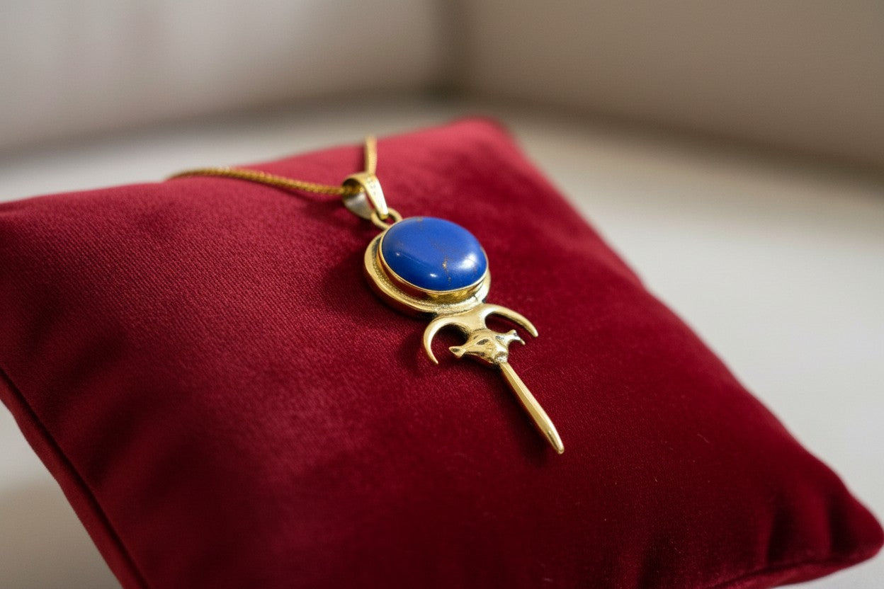 Gold Hathor Mirror Necklace, Lapis Lazuli Pendant, Ancient Egyptian Jewelry, Goddess Talisman