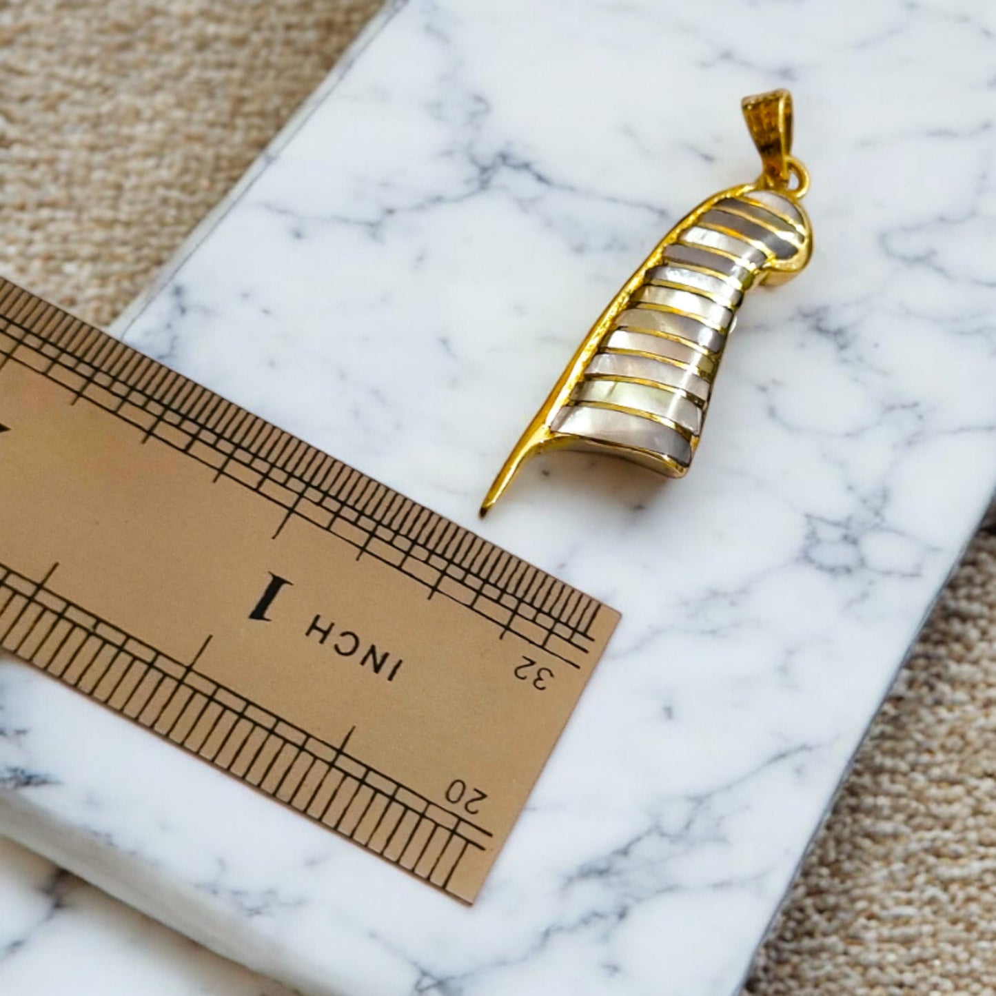Gold Maat's Feather Pendant Necklace, Mother of Pearl Egyptian Jewelry