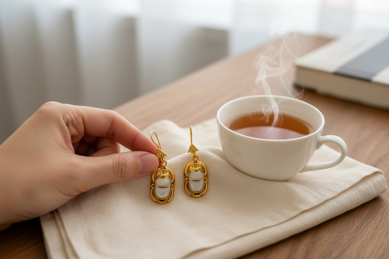 Gold Mother of Pearl Scarab Earrings, Egyptian Amulet Jewelry