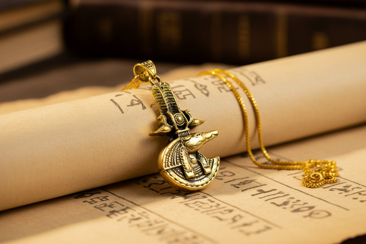 Gold God Sobek The Crocodile Pendant, Egyptian Revival Jewelry Gift