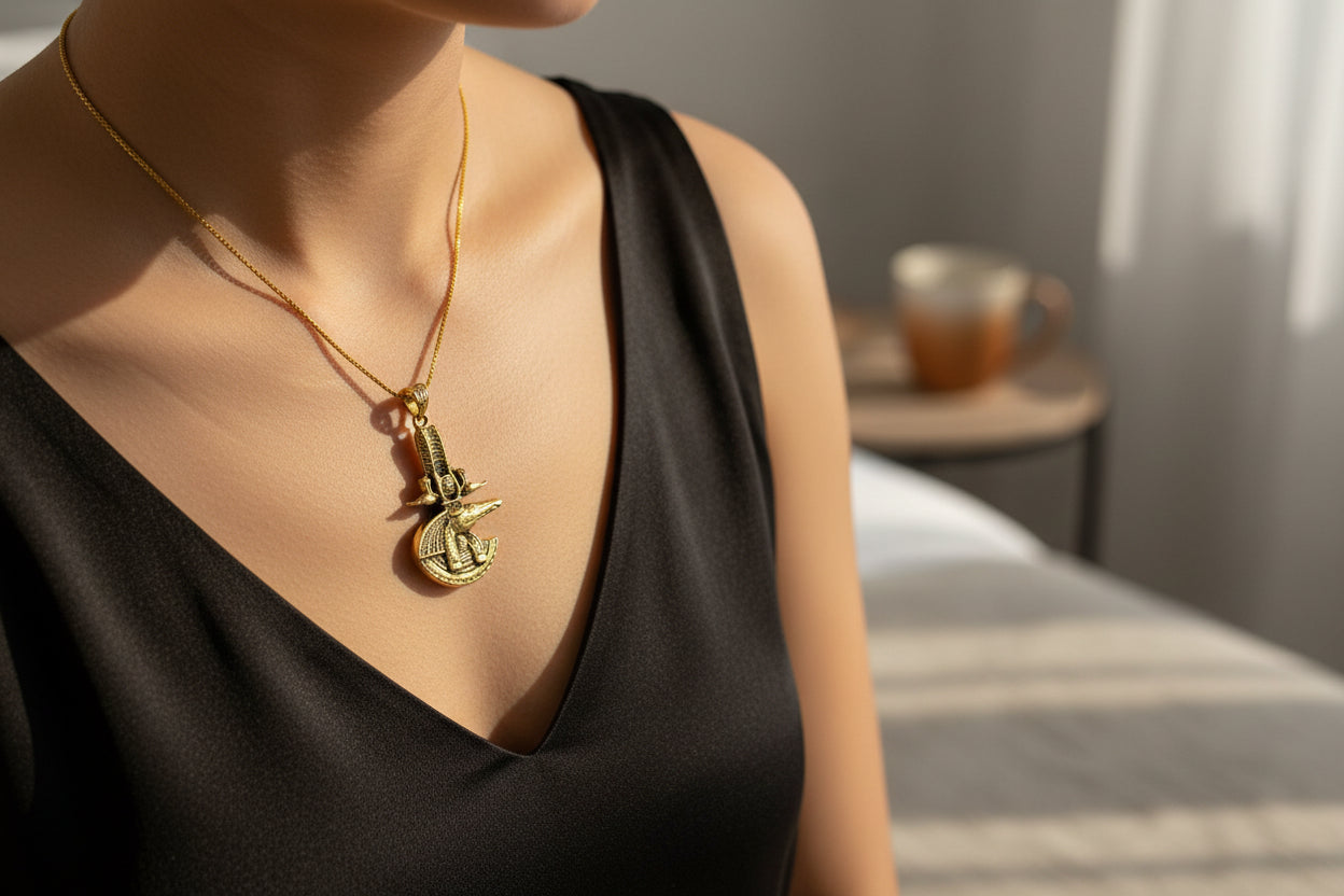Gold God Sobek The Crocodile Pendant, Egyptian Revival Jewelry Gift