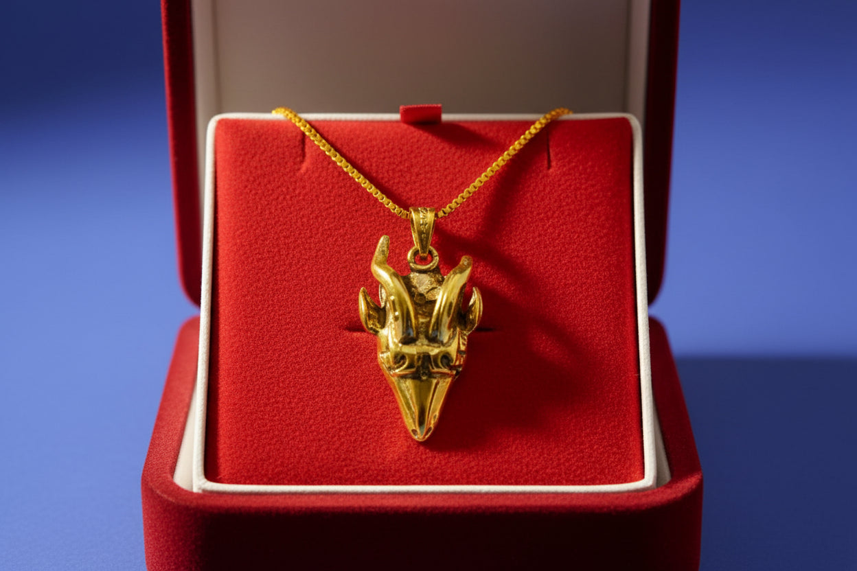 Gold God Amun Ram Head Pendant, Egyptian Revival Talisman Necklace