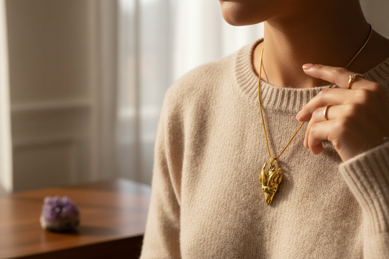 Gold God Amun Ram Head Pendant, Egyptian Revival Talisman Necklace