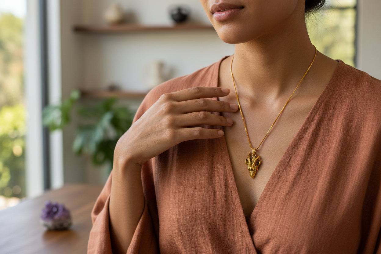 Gold God Amun Ram Head Pendant, Egyptian Revival Talisman Necklace