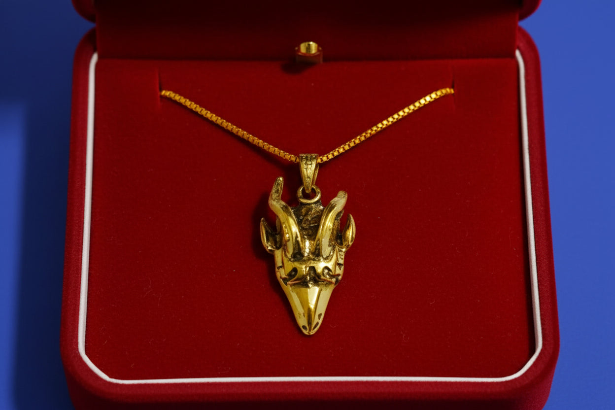 Gold God Amun Ram Head Pendant, Egyptian Revival Talisman Necklace