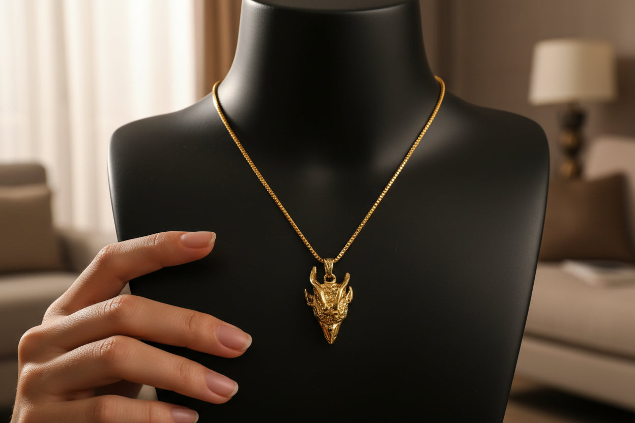 Gold God Amun Ram Head Pendant, Egyptian Revival Talisman Necklace