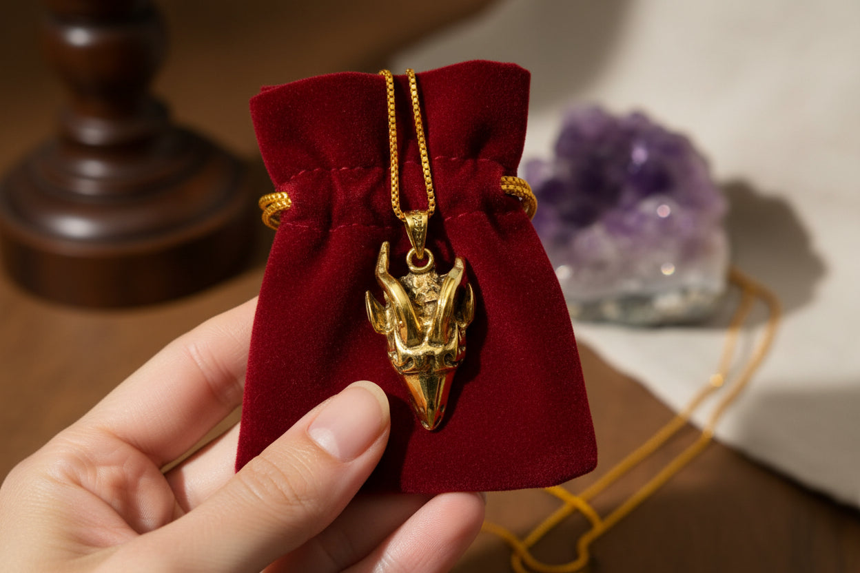 Gold God Amun Ram Head Pendant, Egyptian Revival Talisman Necklace