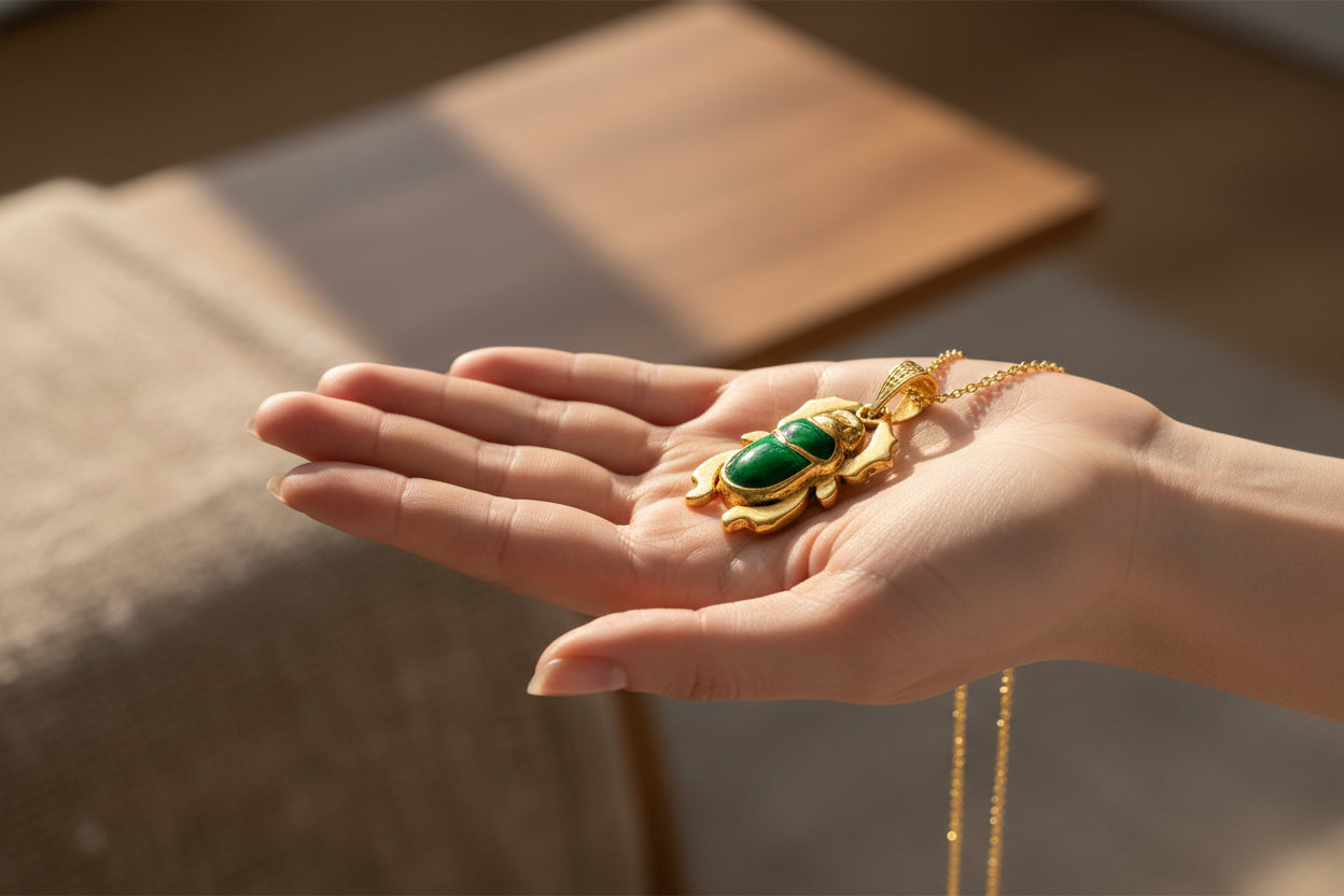 Gold Egyptian Scarab Pendant Necklace, Green Agate Talisman