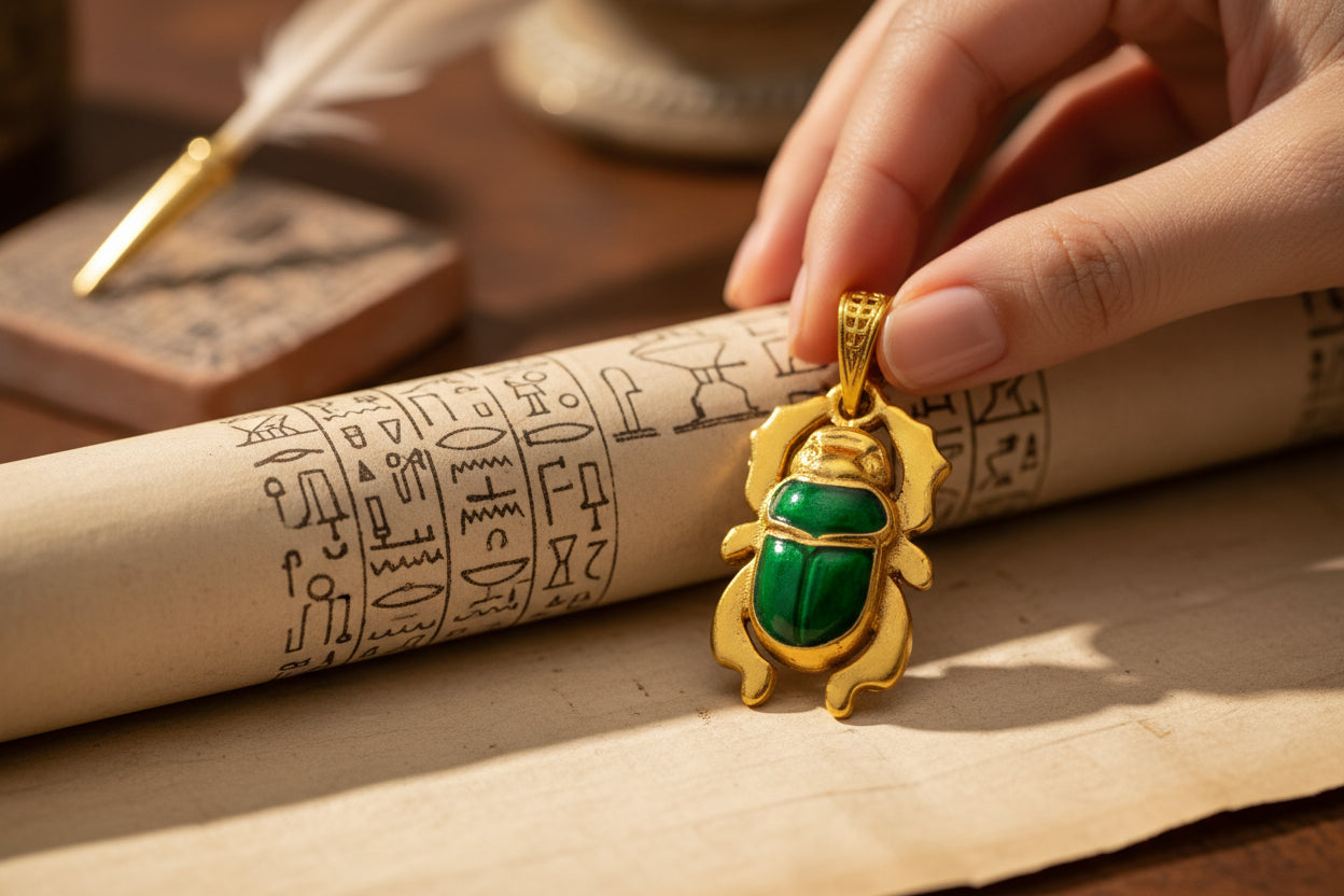 Gold Egyptian Scarab Pendant Necklace, Green Agate Talisman