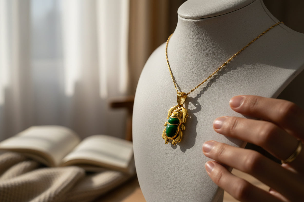 Gold Egyptian Scarab Pendant Necklace, Green Agate Talisman