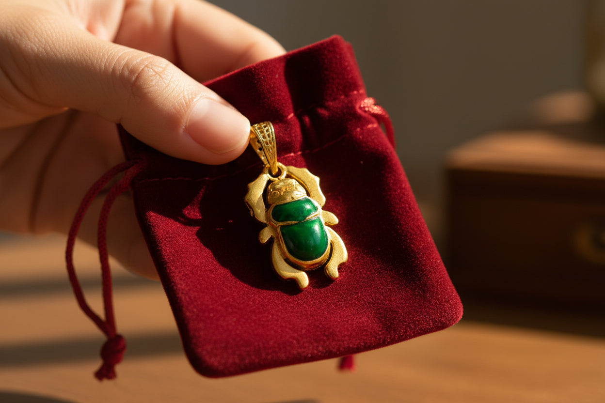Gold Egyptian Scarab Pendant Necklace, Green Agate Talisman