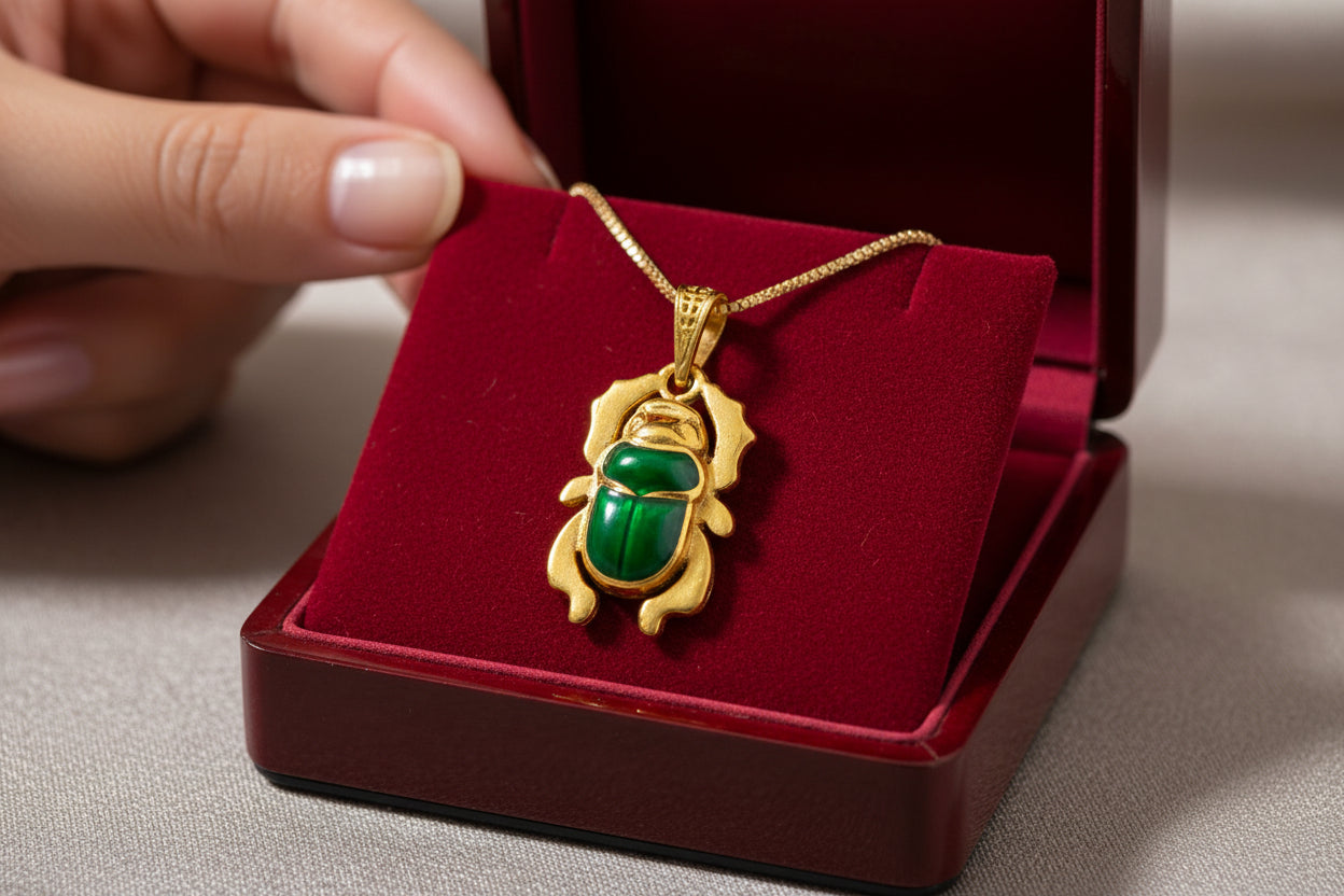 Gold Egyptian Scarab Pendant Necklace, Green Agate Talisman
