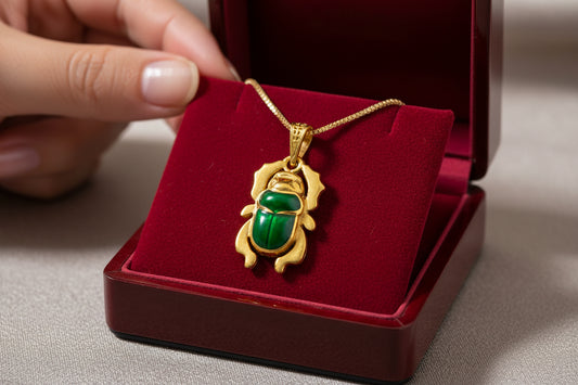 Gold Egyptian Scarab Pendant Necklace, Green Agate Talisman